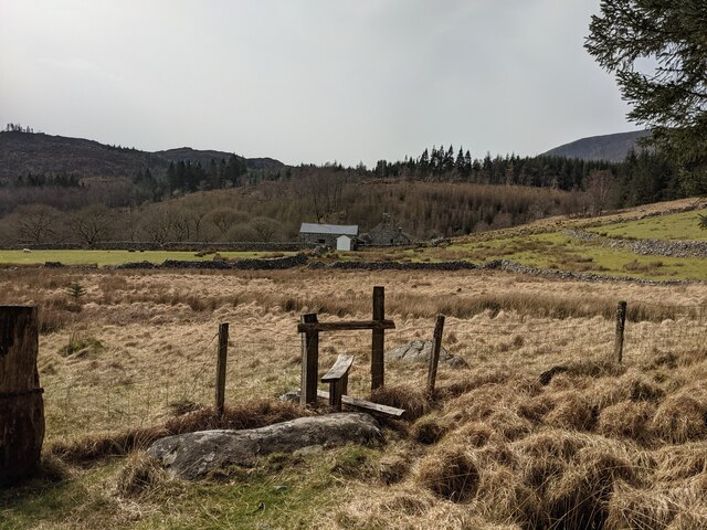 A fence and stile near Blaen-cwm-mynach