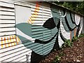 Detail of mural on clapboarded shed, Moseley Park