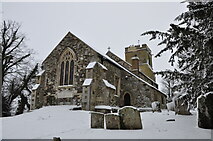 SP9626 : St. Nicholas Church in the snow by Bob Walters