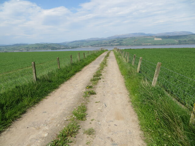Fenced track between arable fields near to Teanagairn