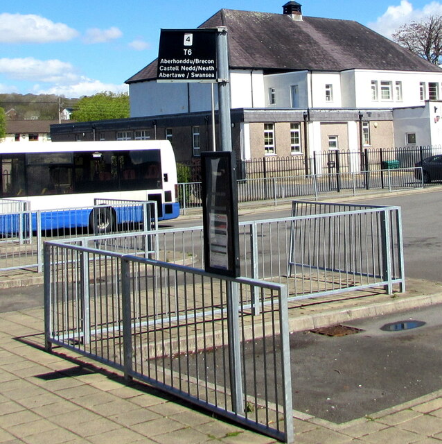 T6 bus stop sign at Bay 4 in Ystradgynlais Exchange