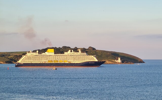 The SAGA cruise ship 'Spirit of Discovery' leaving Falmouth in evening sunlight