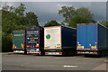 SP8676 : Lorries from eastern Europe parked at Kettering services, A14 eastbound by Christopher Hilton