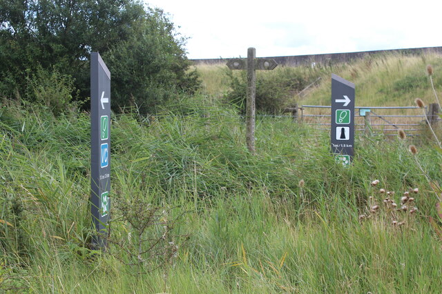 Signposts at path junction behind sea wall
