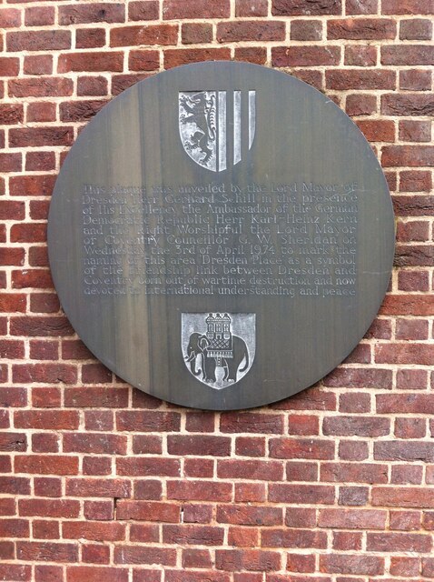 Dresden Place plaque, Greyfriars steeple, Coventry