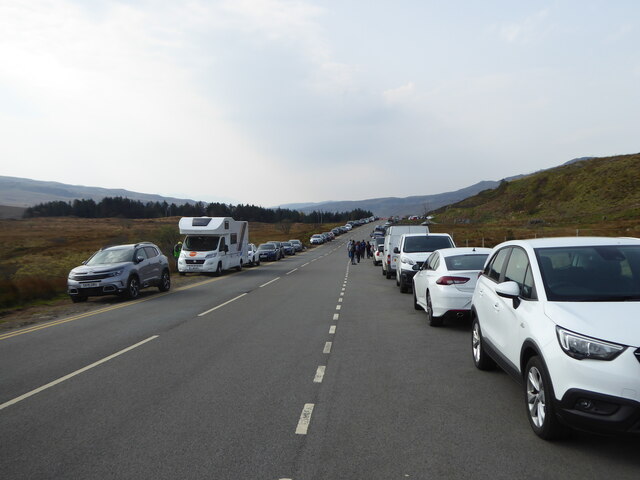 Cars parked alongside the A835 near The Old Man of Storr