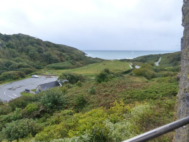 View across the dunes to the sea from Manorbier Castle