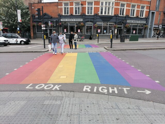 Look right rainbow crossing at Wood Green with The Nag's Head pub