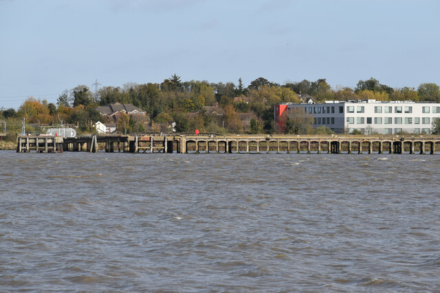 View across Thames to jetty and Harris Academy Riverside