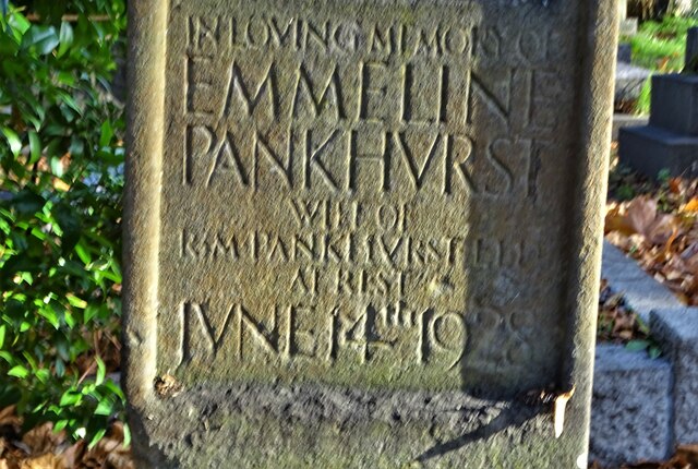 Detail of Emmeline Pankhurst's gravestone.