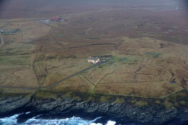 Veedal and the school, Foula, from the air