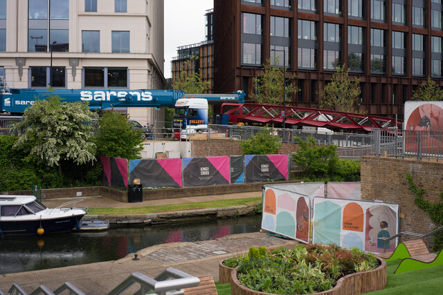 View of bridge installation over Regent's Canal between Granary Square and Goods Way