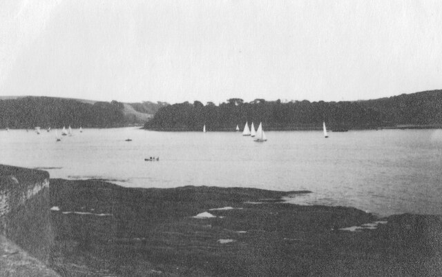 Tavern Beach St Mawes with yachts on harbour, 1938