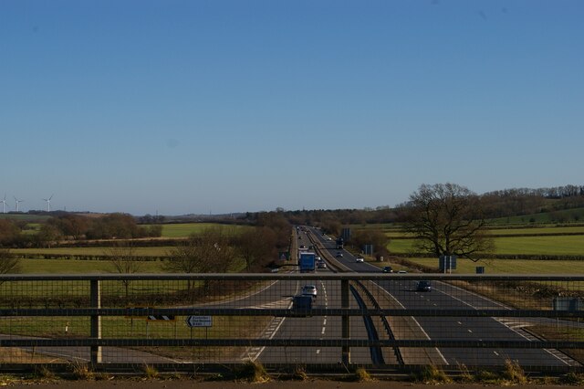 Looking east along the A14 from the bridge at Brington