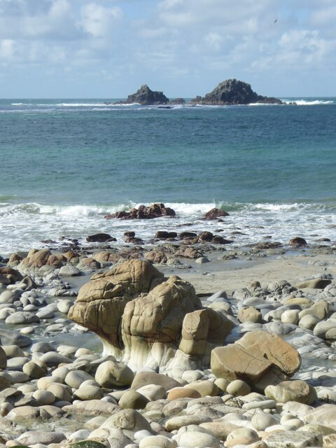 Eroded rocks on the beach at Porth Nanven