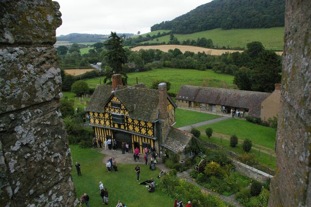Stokesay Castle: the gatehouse and landscape beyond from the tower