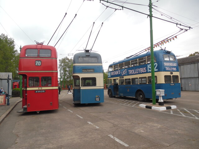Rear of three trolleybuses at Trolleybus Museum, Sandtoft