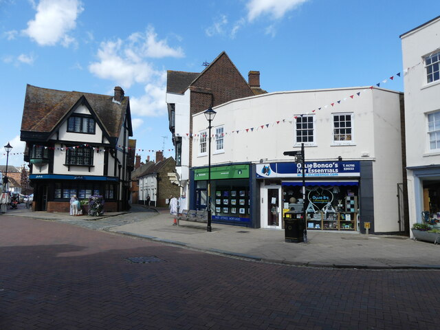 Shops, and the junction of Middle Row with Market Place, Faversham