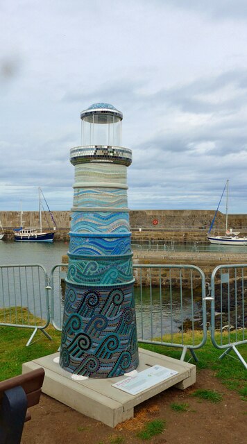 Portsoy harbour with "Riding Out The Storm" exhibit by Rachel Davies