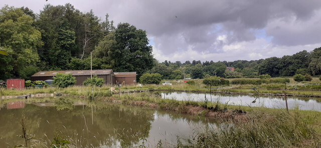 Sheds and fish ponds east of Stoke Common