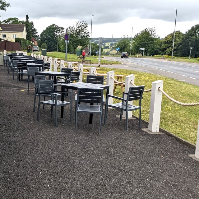 Tables and chairs outside the Groes Wen Inn, Penhow