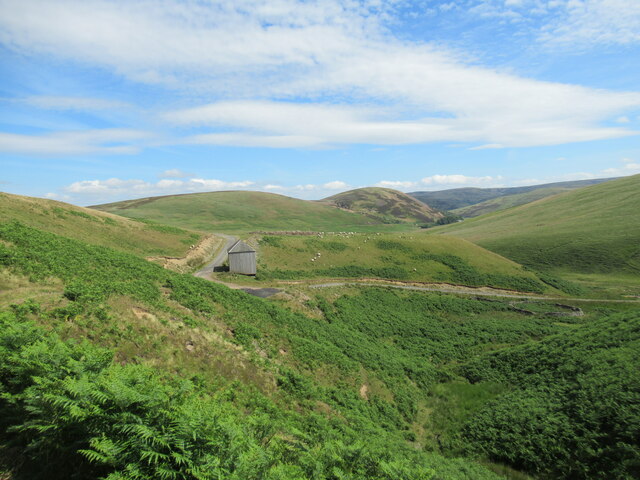 Shed and Blackhope farm road near Long Cleuch