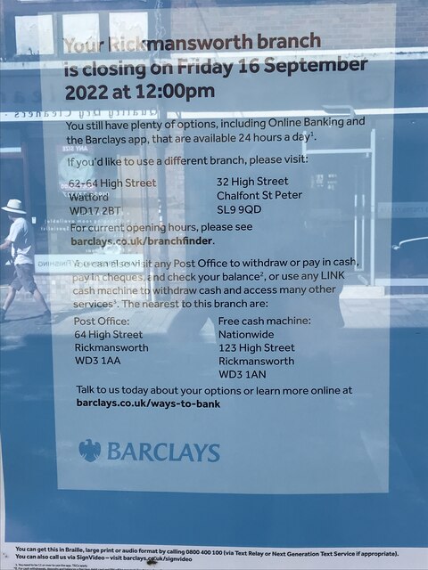 Closure Notice at Barclays Bank branch, Rickmansworth