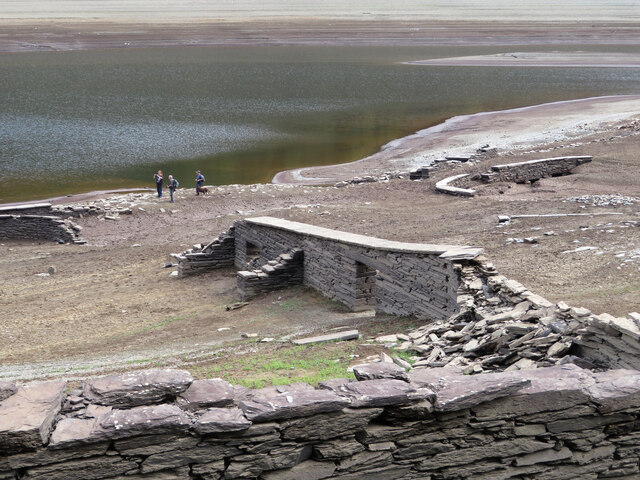 Remains of Nant Gwyllt beneath Caban Coch reservoir