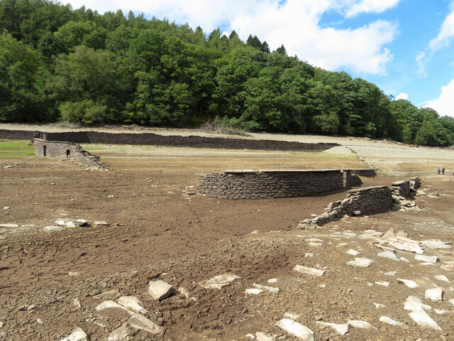 Remains of Nant Gwyllt beneath Caban Coch reservoir