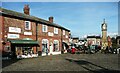 Cafe, shop and clock tower, Market Place, Thirsk