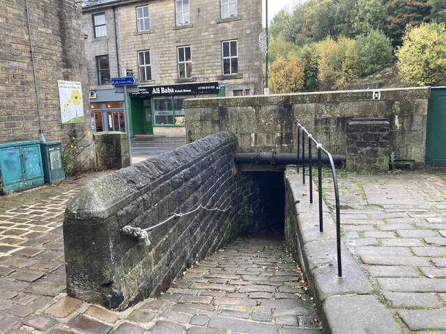 Rochdale Canal towpath at the Golden Lion Bridge in Todmorden
