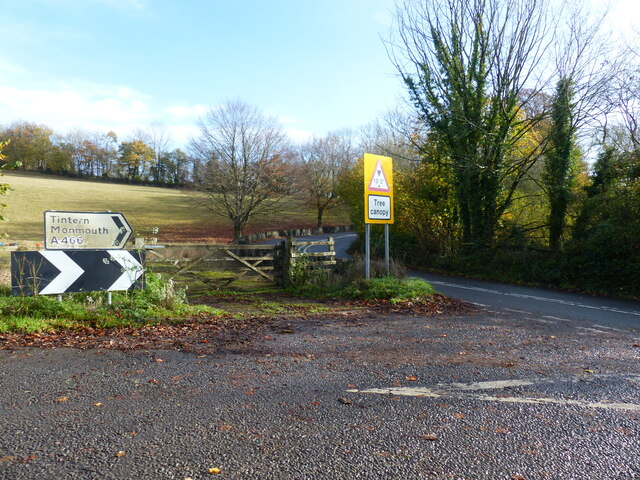Junction of the single track road to Penterry with the A466, St Arvans