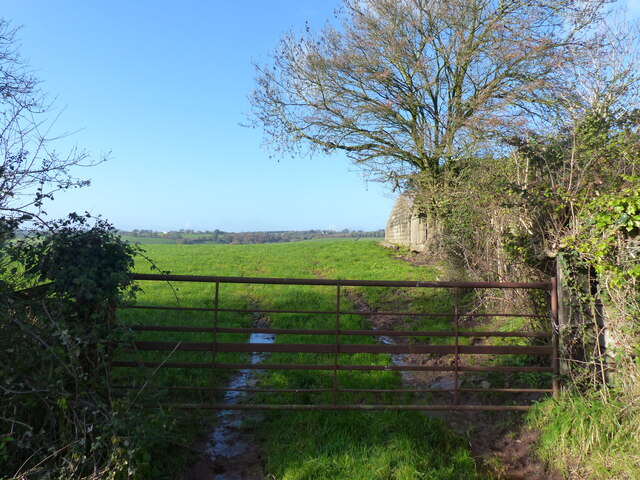 Gate, and view across a field, Gurshill Farm, near Purton
