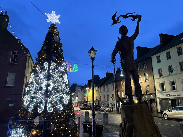 John Muir Statue beside Christmas Tree in Dunbar