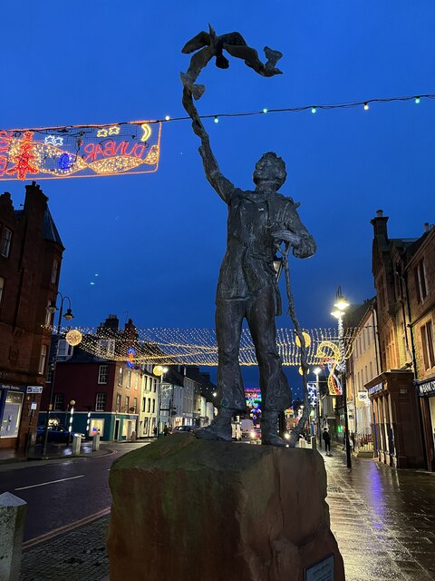 John Muir Statue in Dunbar with Christmas Decorations
