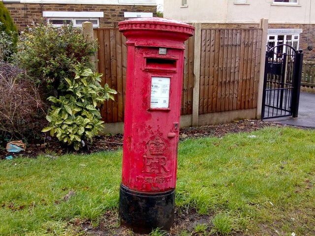 Wonky Queen Elizabeth II Postbox on Sticker Lane, Bradford