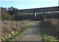 SS8982 : National Cycle Route 885 approaching M4 viaduct near Sarn by eswales