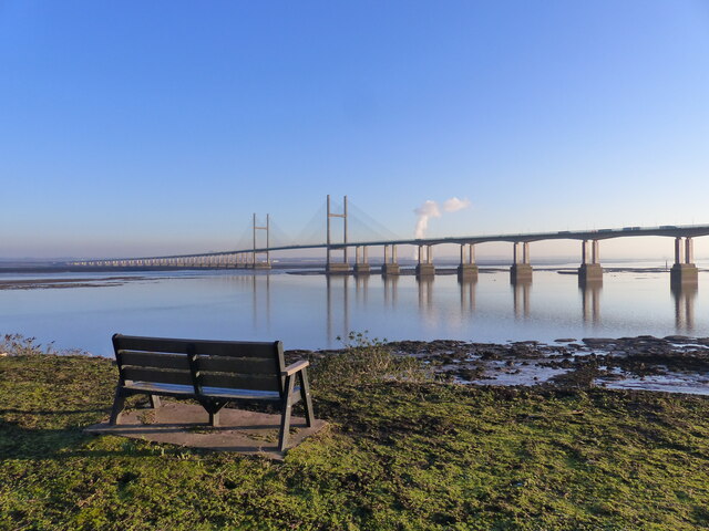 Seat with a view of the Severn Estuary and the Prince of Wales Bridge, Sudbrook