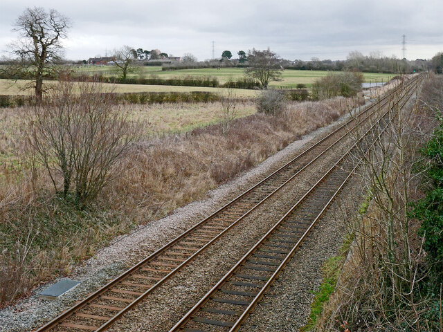 Farmland and railway south of Codsall Wood, Staffordshire