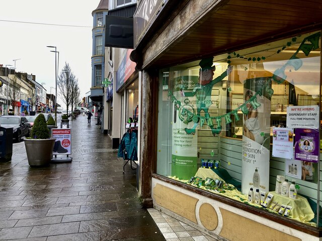 St. Patrick’s Day streamer in Kelly’s Chemist window, Omagh