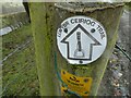 Fencepost with a waymarker disc for the Ceiriog Trail