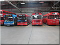 TQ5089 : Preserved single-decker buses inside Romford Bus Garage by David Hillas