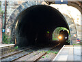 A train approaching through Knaresborough tunnel