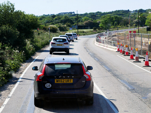 Roadworks on the A390 approaching Three Burrows