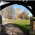 ST3087 : Tower of St Woollos, Newport, framed by the lychgate by A J Paxton