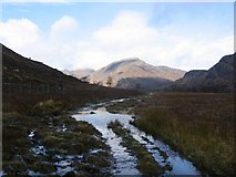 NM9563 : Waterlogged track, Glen Gour by Richard Webb