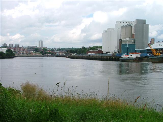 View up the Tyne with Flour Mills on the North Bank (right) and Salt Meadows on the South