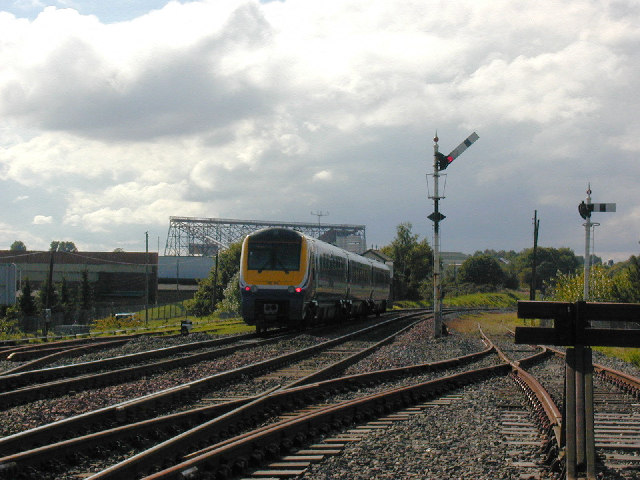 Railway train leaving Cosford Station