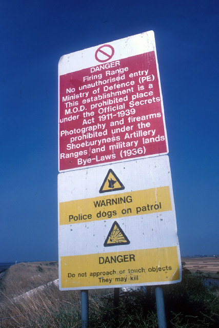 Official Secrets Act warning sign on quayside at Crouch Corner, Foulness, Essex