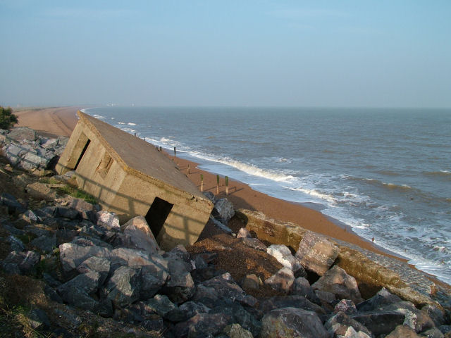 Pillbox falling down the eroded cliffs near Bawdsey